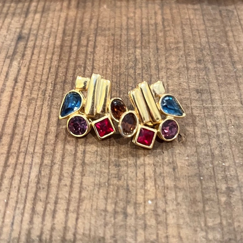 Givenchy Vintage Gold Tone Multi Color Crystal Cluster Stud Earrings